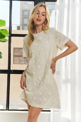 Beige Applique Round Neck Short Sleeve Shift Dress